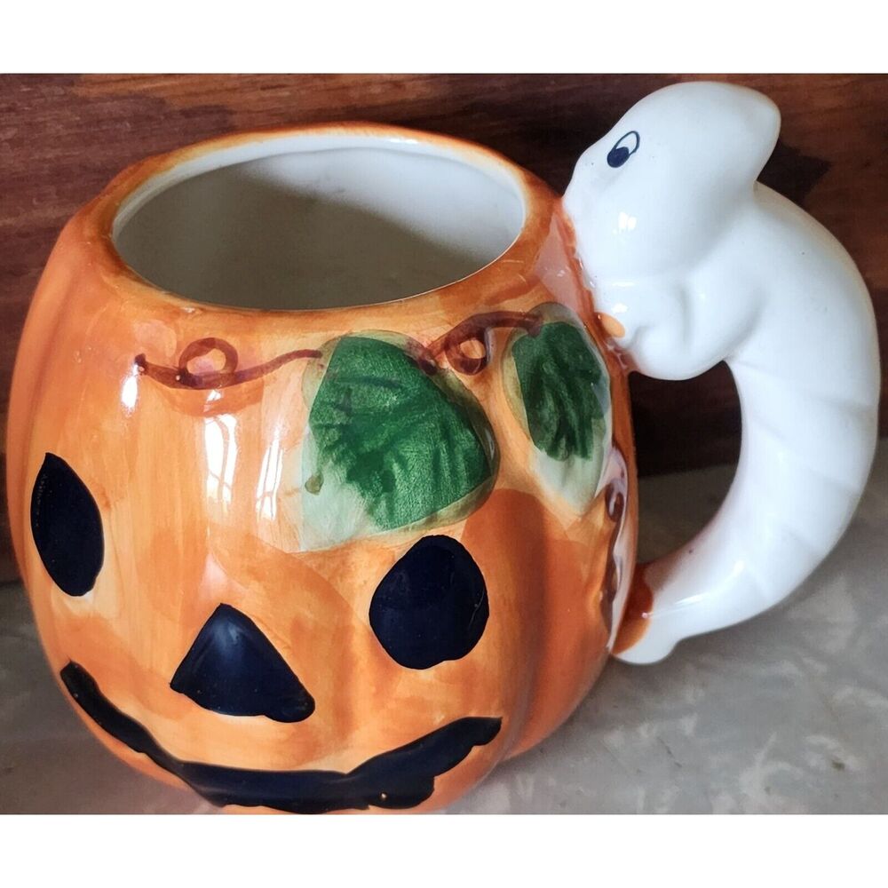 K's Collection Halloween Jack O Lantern Pumpkin & Ghost Ceramic Planter See Pic